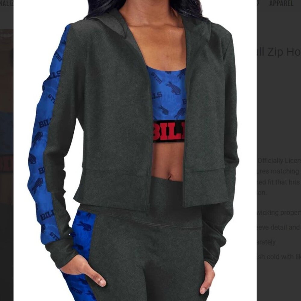 Buffalo Bills Cropped Full Zip Hoodie Hooded Jacket Sz Medium Black Blue Mafia